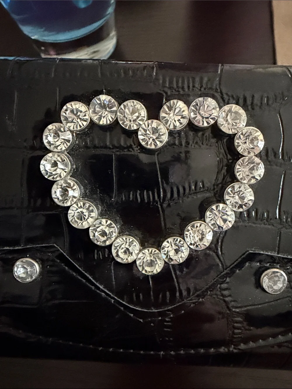 Black Faux Croc-Embossed Wallet Clutch with Crystal Heart Accent